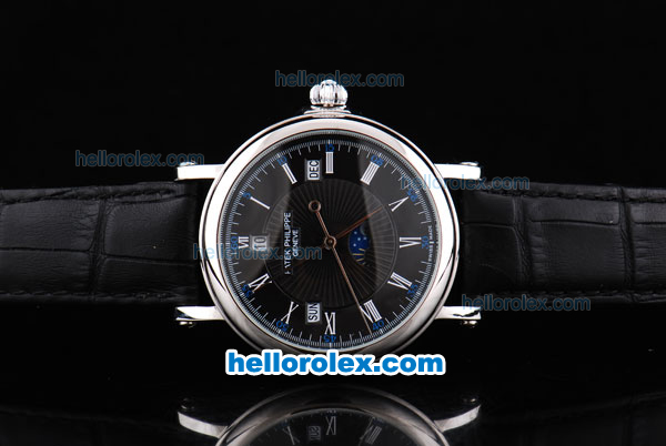 Patek Philippe Calatrava Automatic Movement Silver Case with Black Dial-White Roman Markers and Black Leather Strap - Click Image to Close